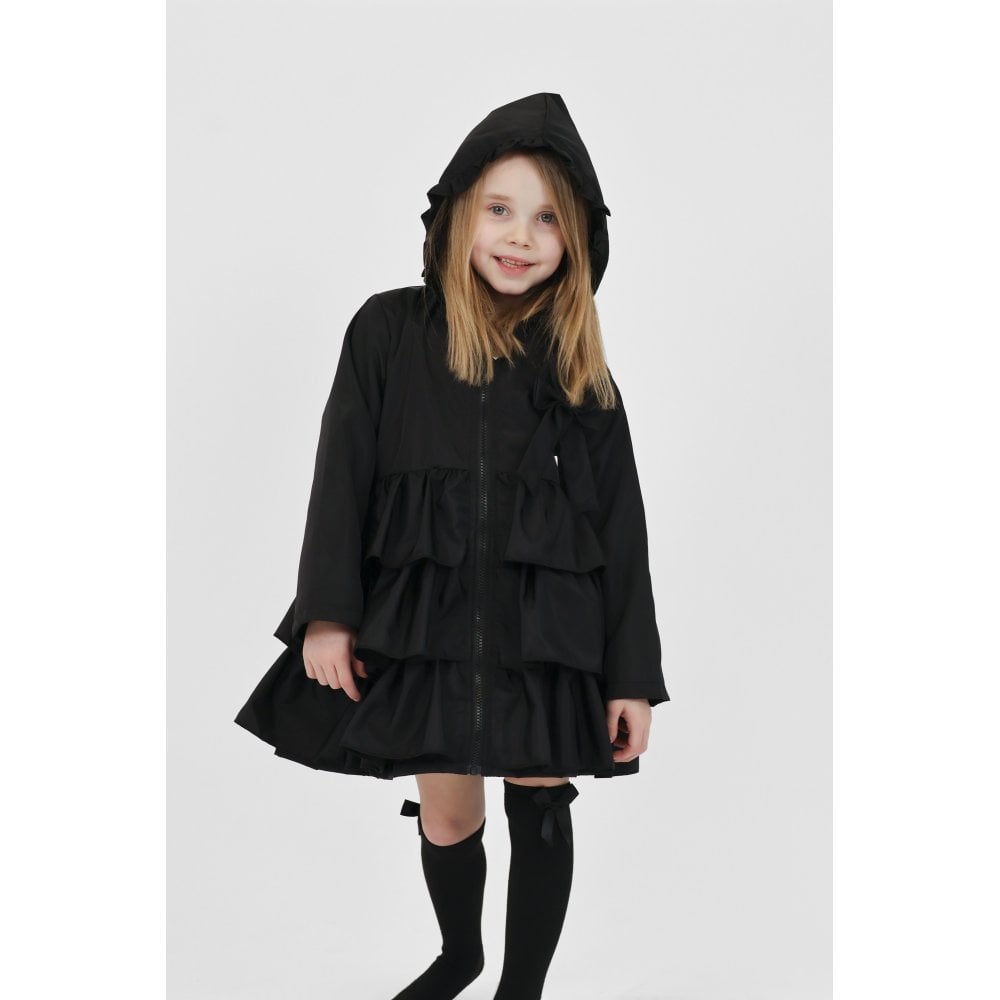 Pixie Girls Frilly Bow Fleece Lined Rain  Jacket Black