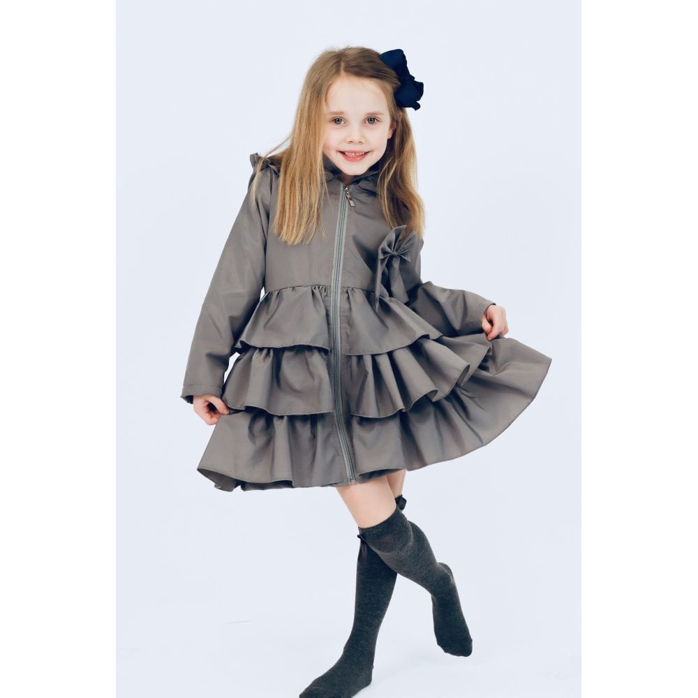 Pixie Girls Frilly Bow Fleece Lined Rain Jacket Grey