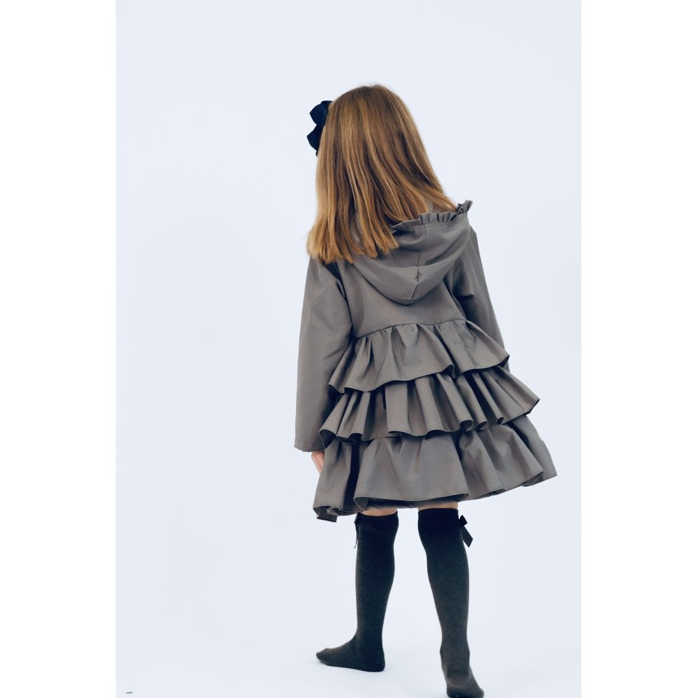 Pixie Girls Frilly Bow Fleece Lined Rain Jacket Grey
