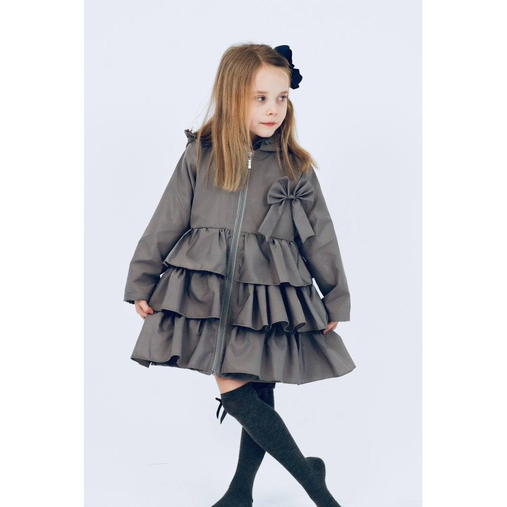 Pixie Girls Frilly Bow Fleece Lined Rain Jacket Grey