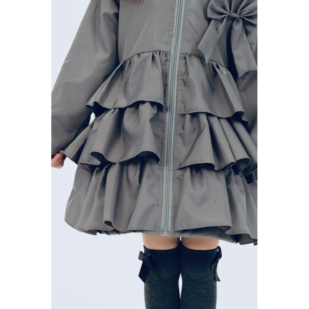 Pixie Girls Frilly Bow Fleece Lined Rain Jacket Grey