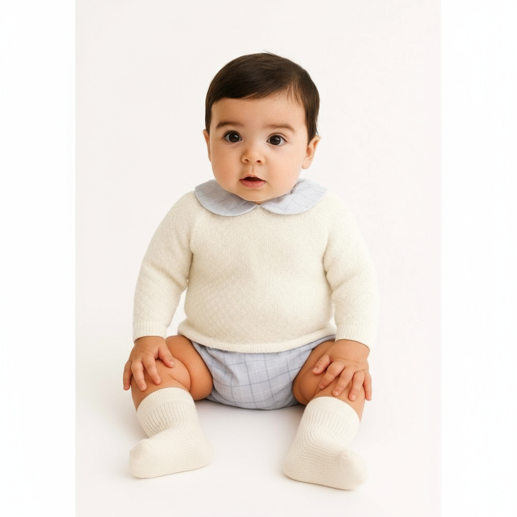 40812 Babidu Baby Boys White Knitted Top With Jam Pants Set