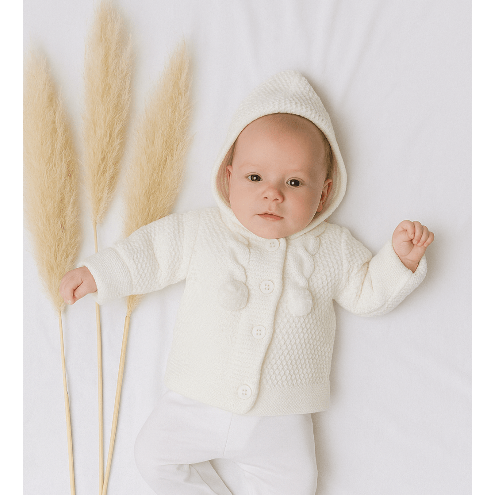 25VE-307 Knitted Baby Pom Pom Jacket White