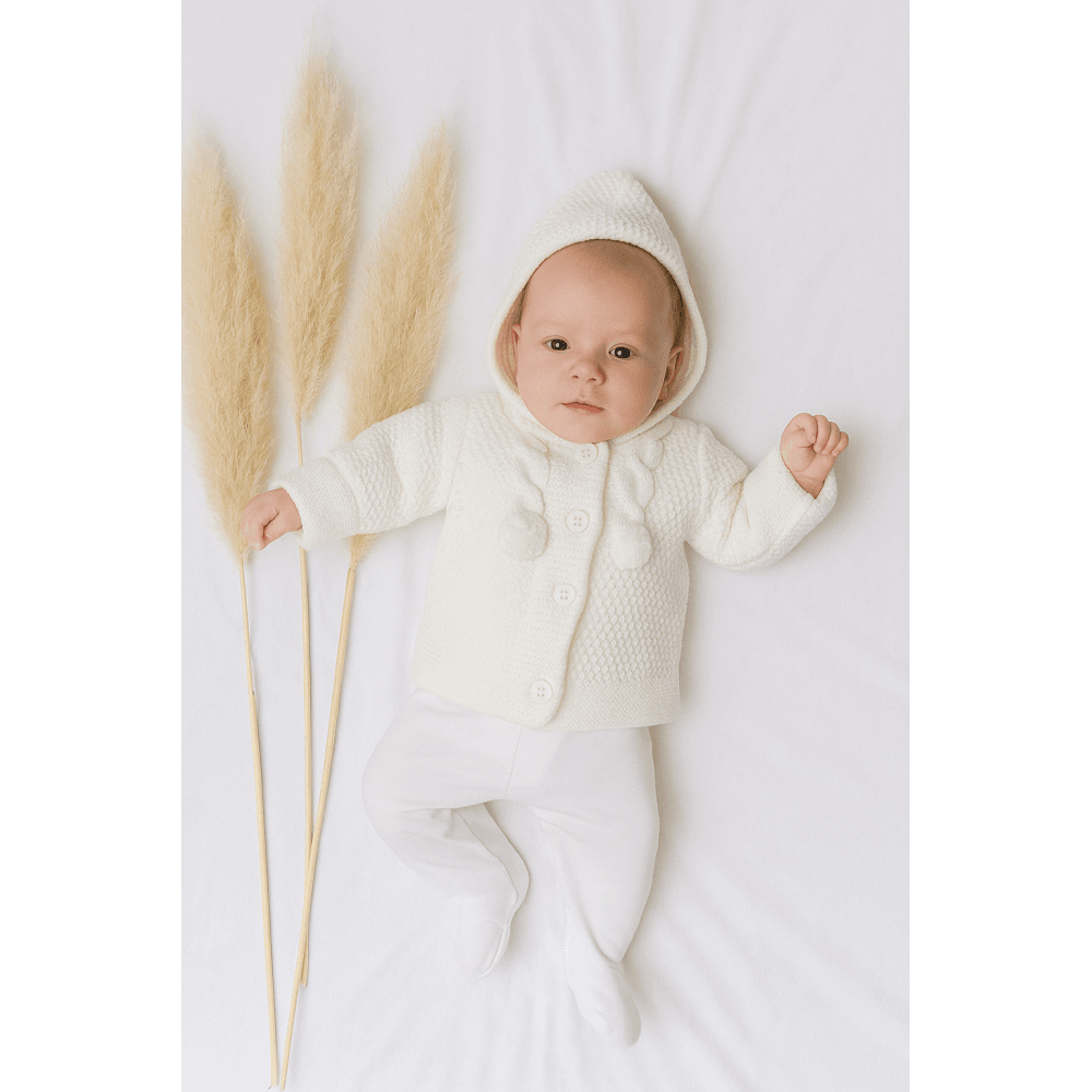 25VE-307 Knitted Baby Pom Pom Jacket White