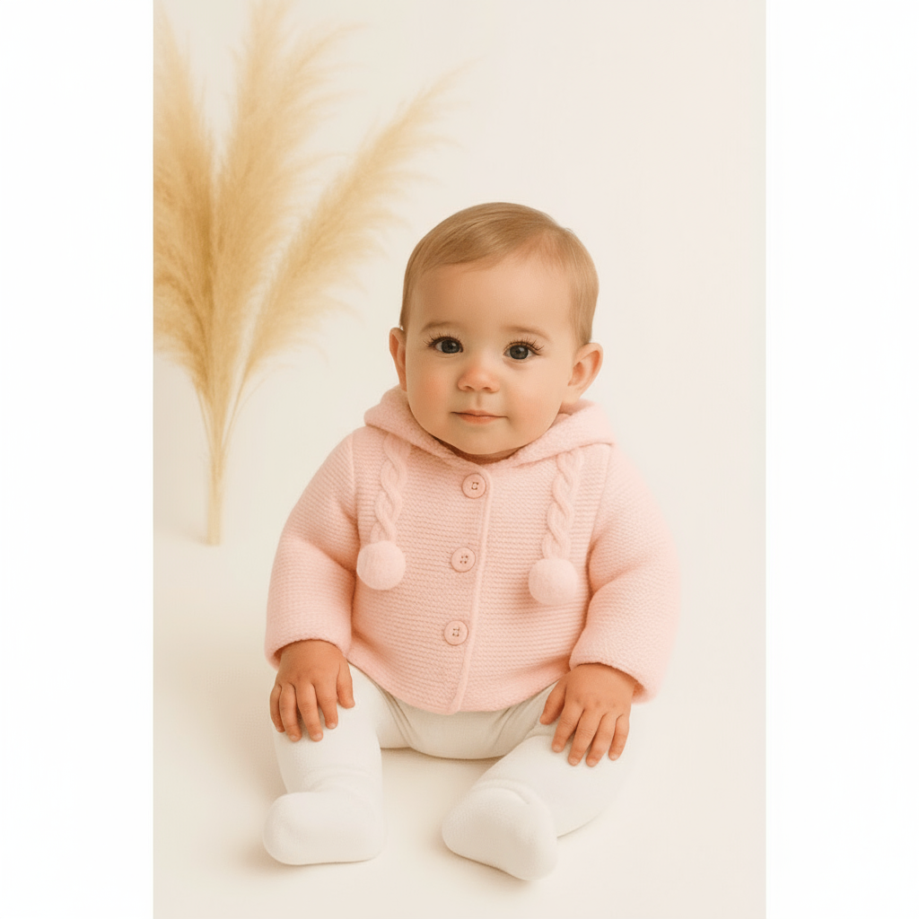 25VE-307 Knitted Baby Pom Pom Jacket Pink