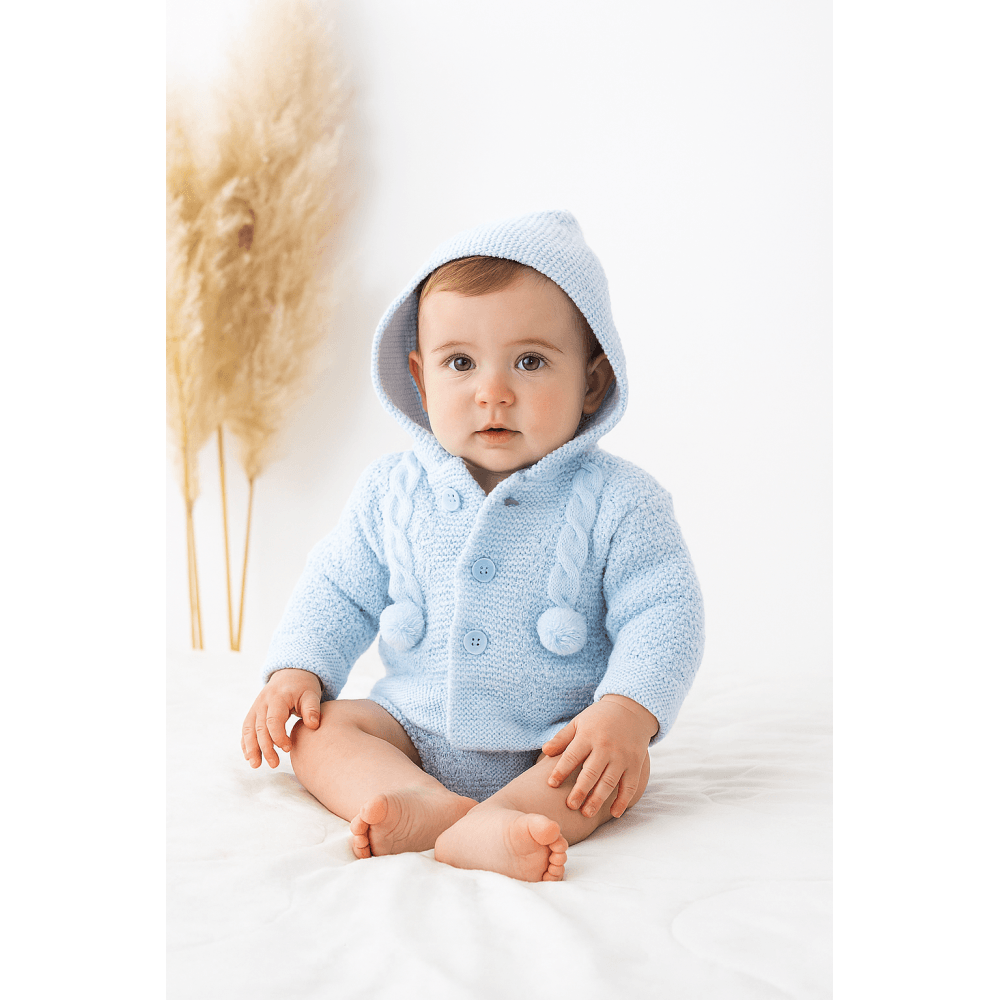 25VE-307 Knitted Baby Pom Pom Jacket Blue