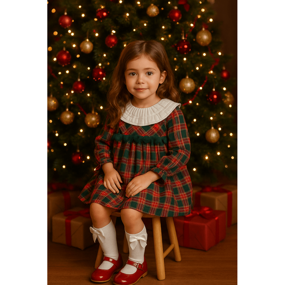 21313 Girls Red Tartan Pom Pom Dress