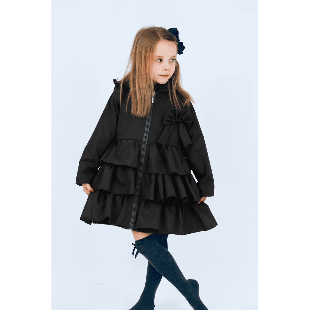 Pixie Girls Frilly Bow Fleece Lined Rain  Jacket Black