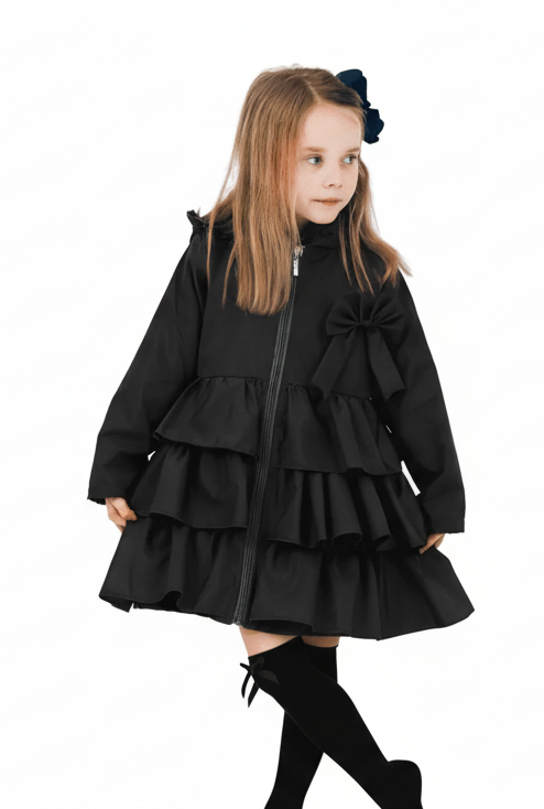 Pixie Girls Frilly Bow Fleece Lined Rain  Jacket Black