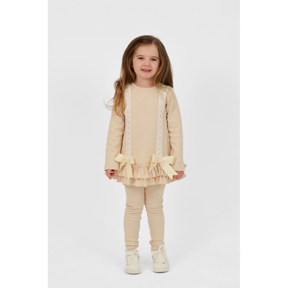 Sophia Girls Ribbed Frilly Ruffle Set Beige