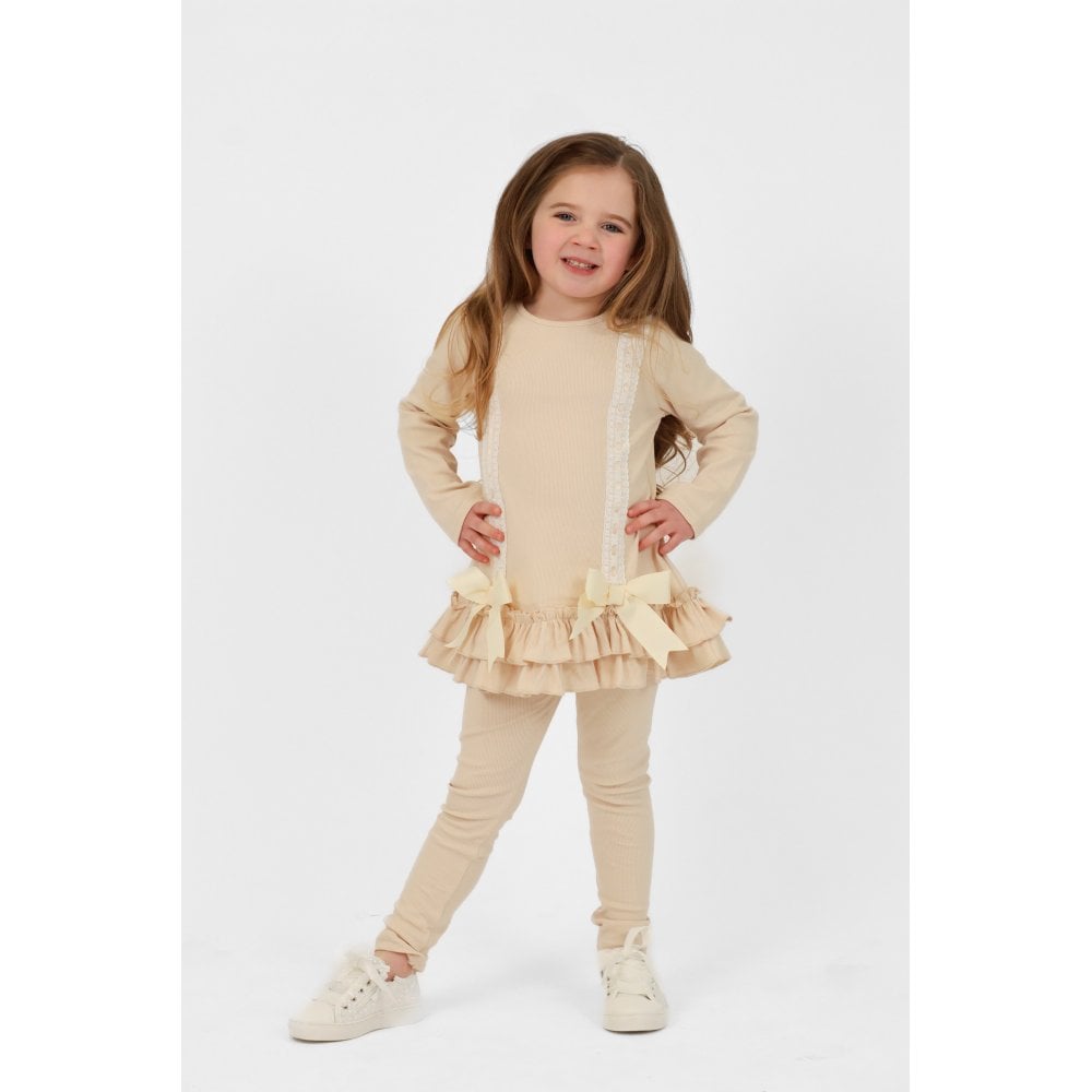 Sophia Girls Ribbed Frilly Ruffle Set Beige