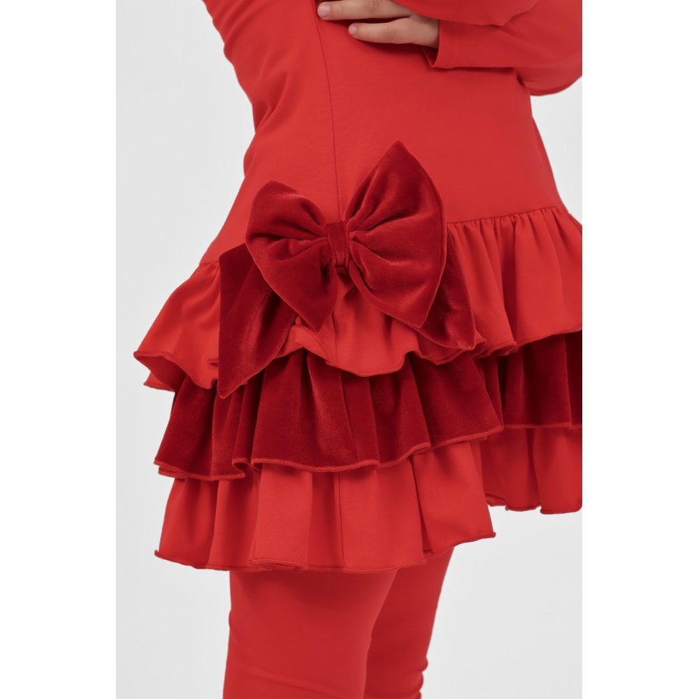 Celia Girls Frilly Velour Side Bow Legging Tracksuit Set Red