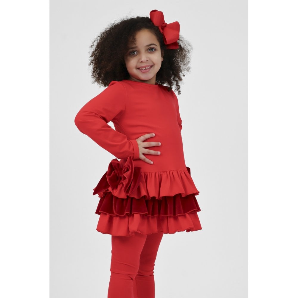 Celia Girls Frilly Velour Side Bow Legging Tracksuit Set Red