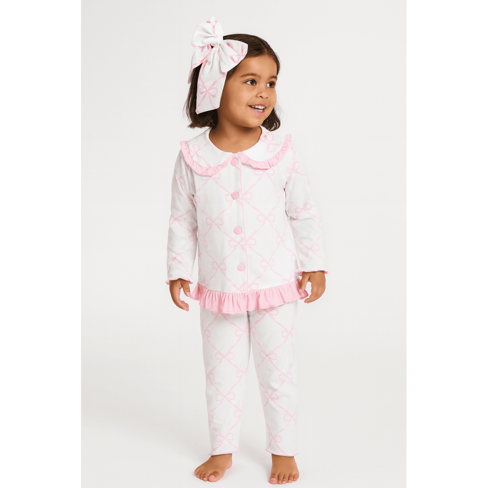 Girls Bow Print Frilly Pyjamas Pink