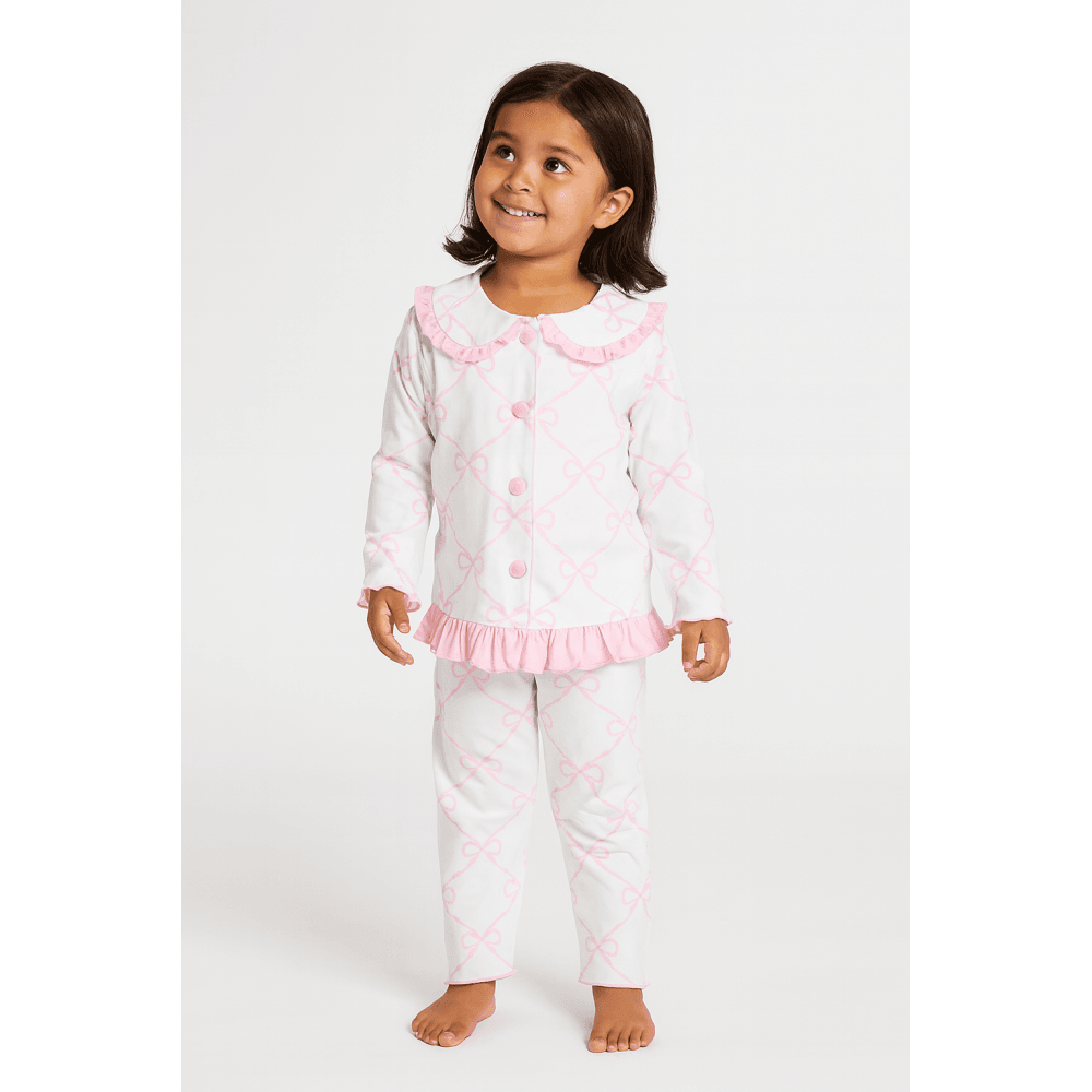 Girls Bow Print Frilly Pyjamas Pink