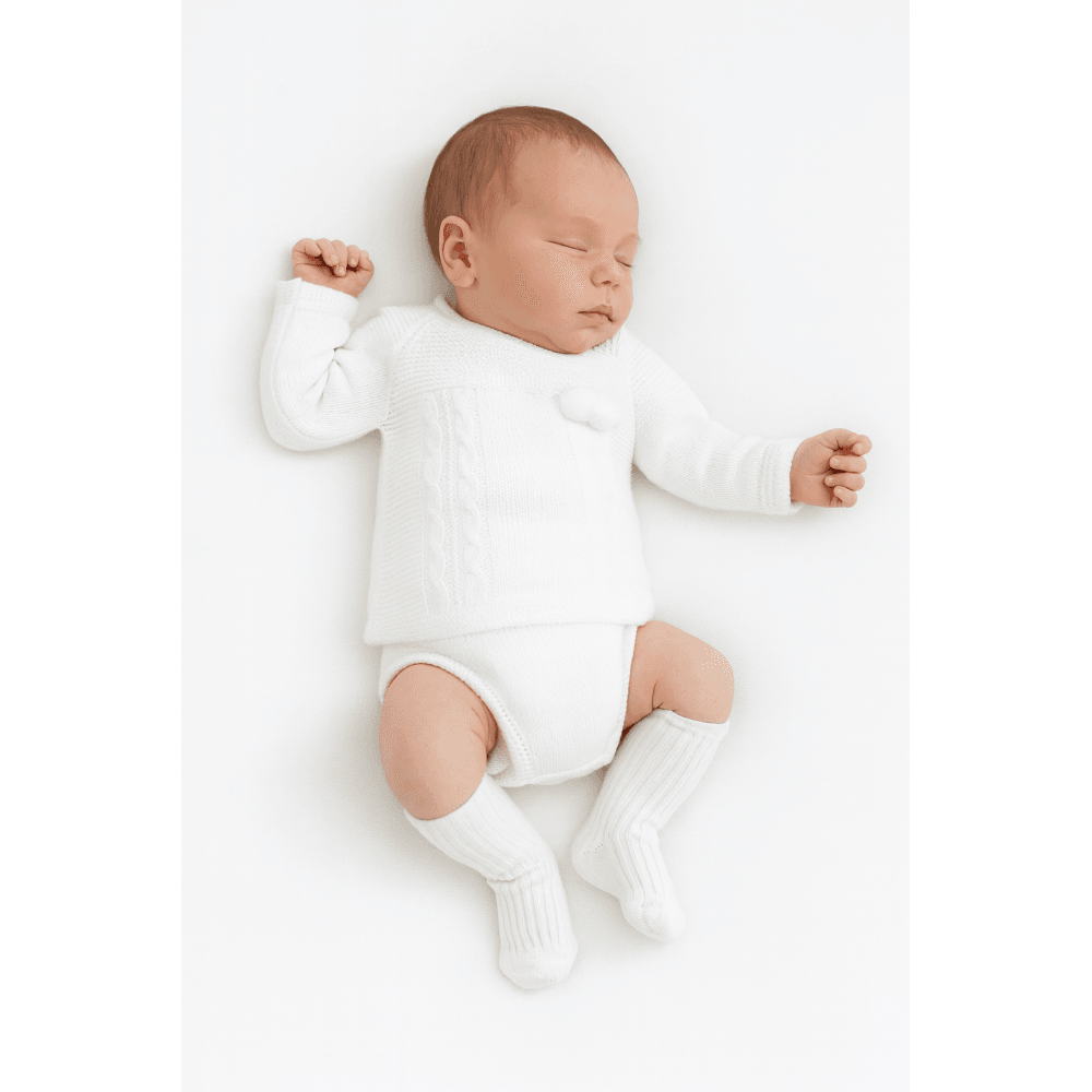 25RF-732 Unisex Baby Knitted Pom Pom Jumper & Jam Pants White