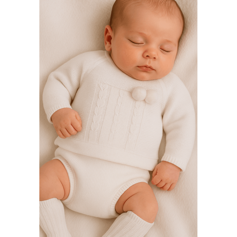 25RF-732 Unisex Baby Knitted Pom Pom Jumper & Jam Pants White