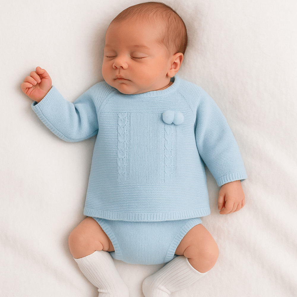 25RF-732 Baby Knitted Pom Pom Jumper & Jam Pants Blue