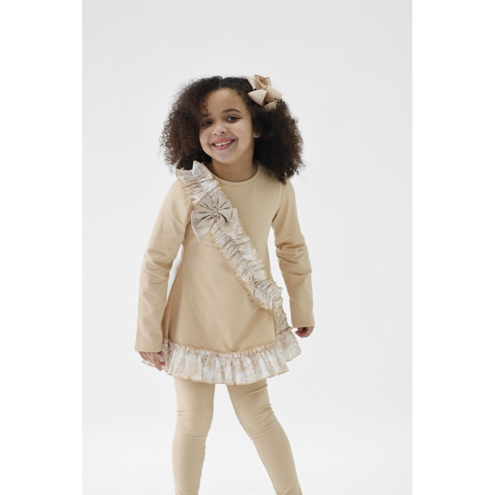 Alba Girls Beige Toile Ruffle Tracksuit