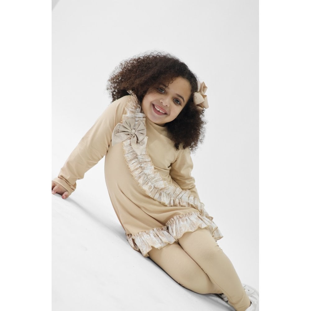 Alba Girls Beige Toile Ruffle Tracksuit