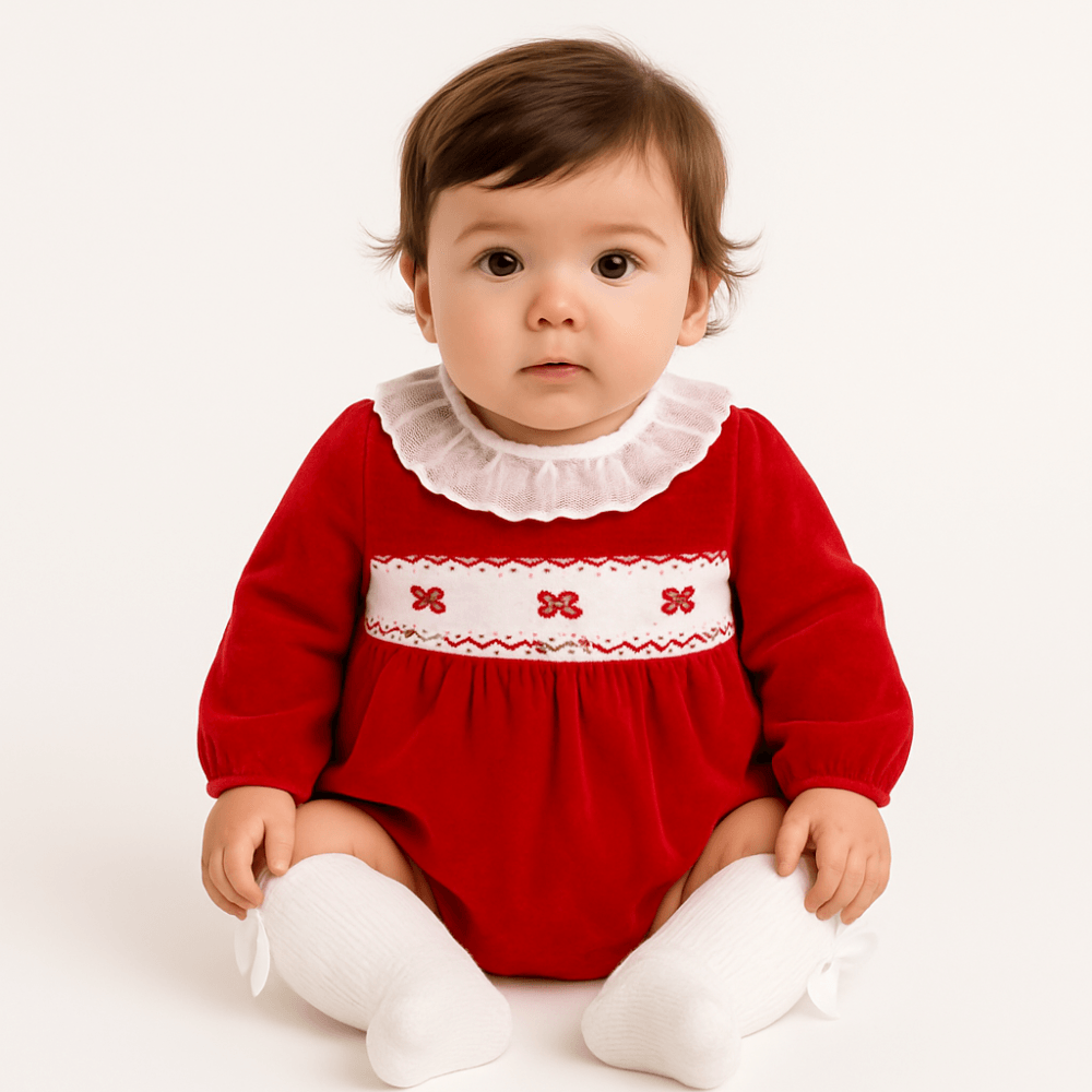 Pex Bow Frilly Collar Red Velour Romper