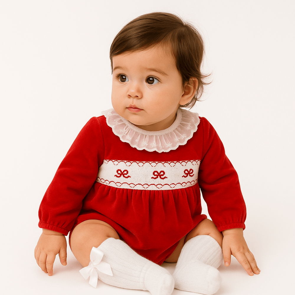 Pex Bow Frilly Collar Red Velour Romper