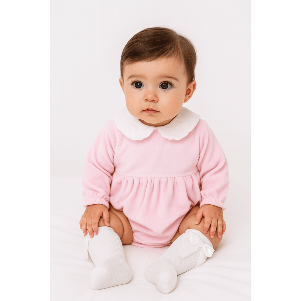 Nova Pex Girls Velour Frilly Bow Romper Pink