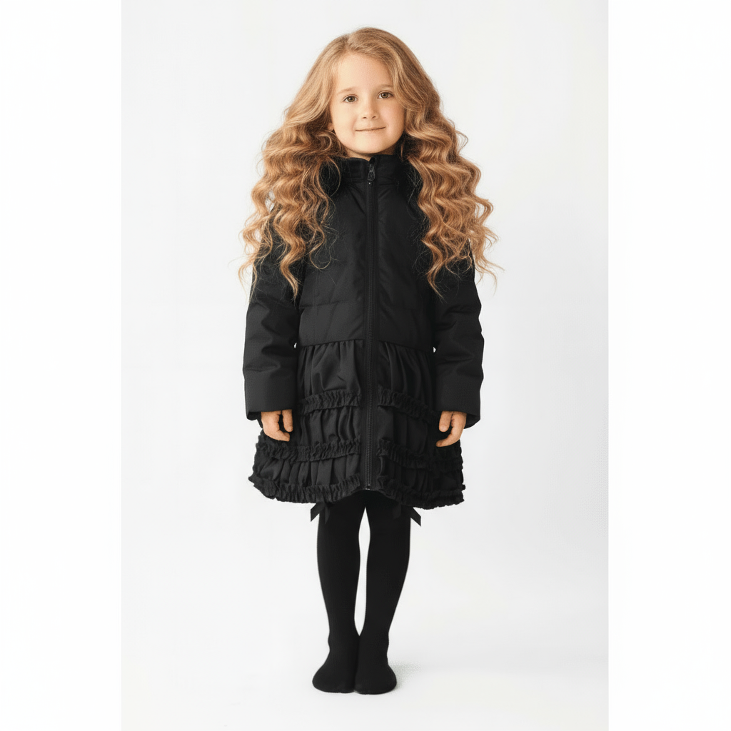Rosie Girls Ruffle Frilly Padded Coat Black