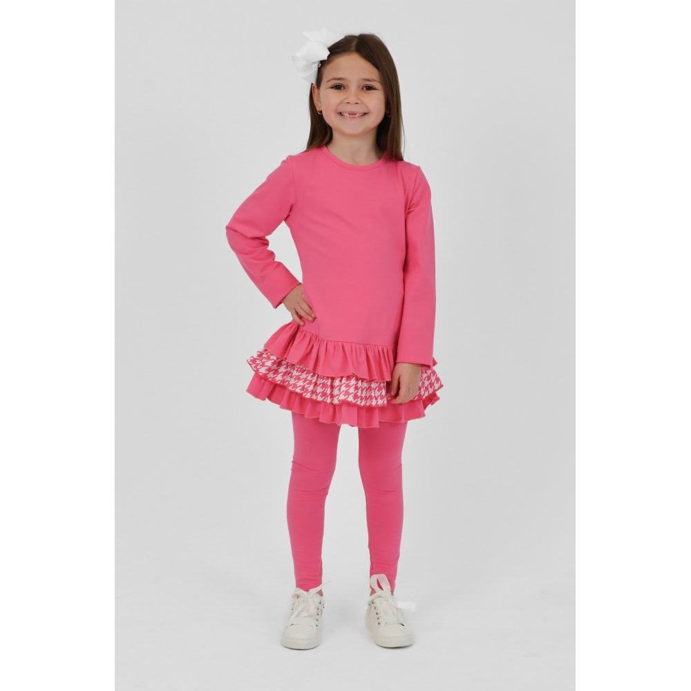Fran Girls Frilly Dogtooth Print Tracksuit Set Pink