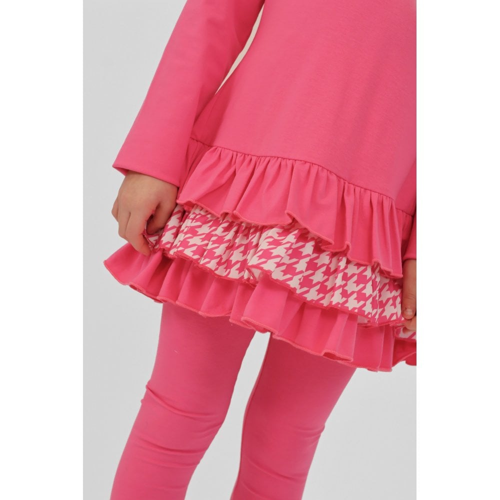 Fran Girls Frilly Dogtooth Print Tracksuit Set Pink