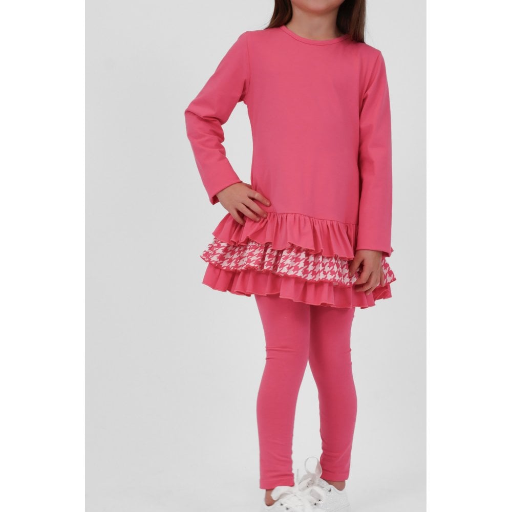 Fran Girls Frilly Dogtooth Print Tracksuit Set Pink