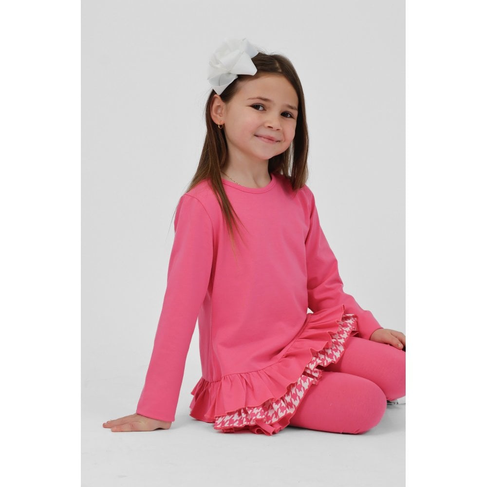 Fran Girls Frilly Dogtooth Print Tracksuit Set Pink