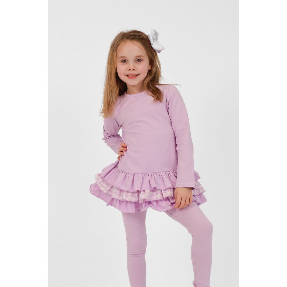 Fran Girls Frilly Dogtooth Print Tracksuit Lilac