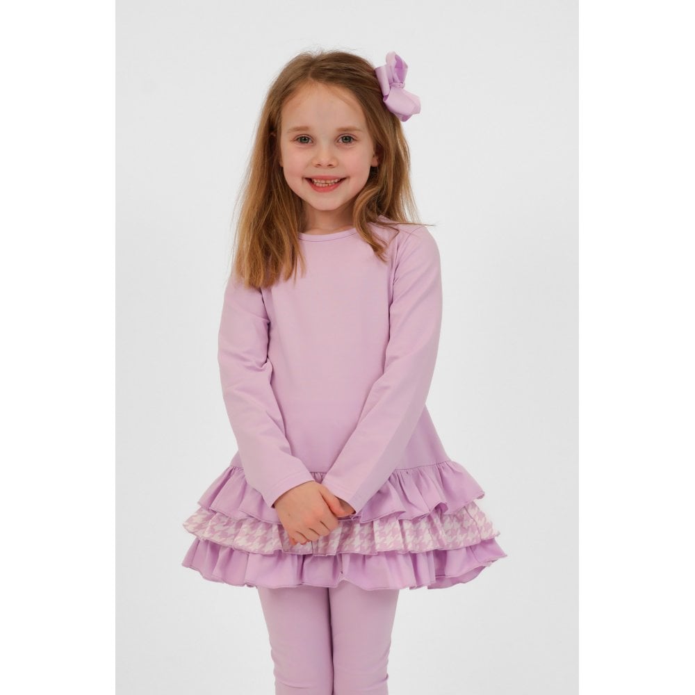 Fran Girls Frilly Dogtooth Print Tracksuit Lilac