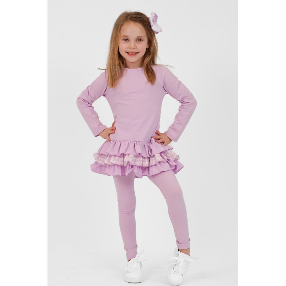Fran Girls Frilly Dogtooth Print Tracksuit Lilac
