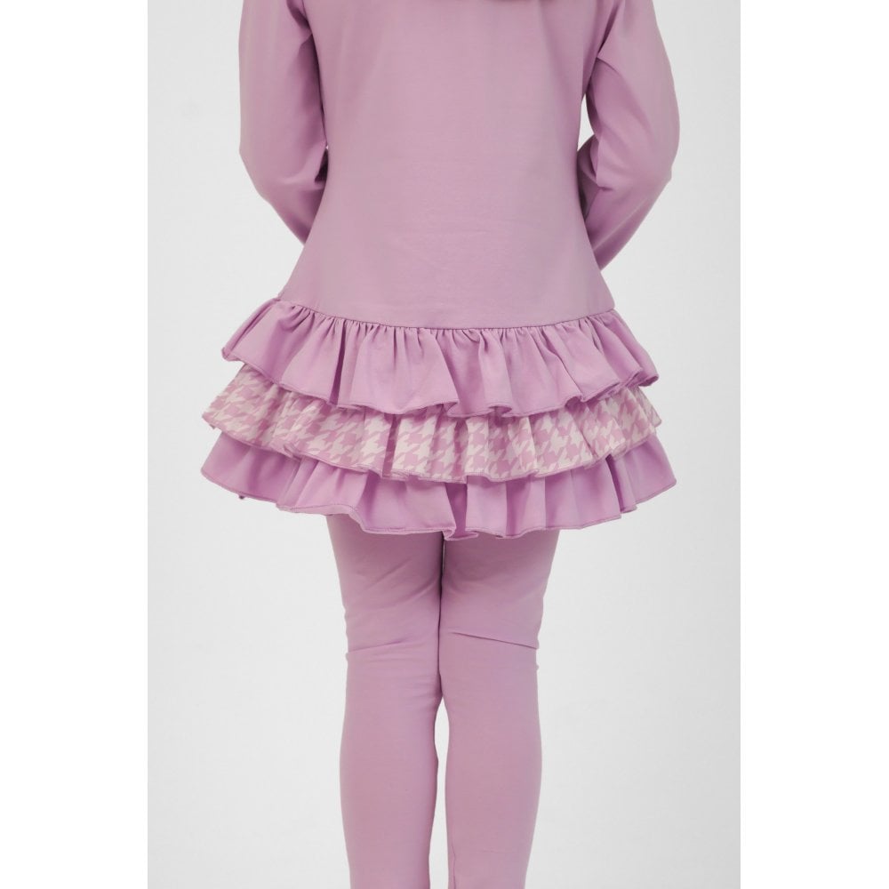 Fran Girls Frilly Dogtooth Print Tracksuit Lilac