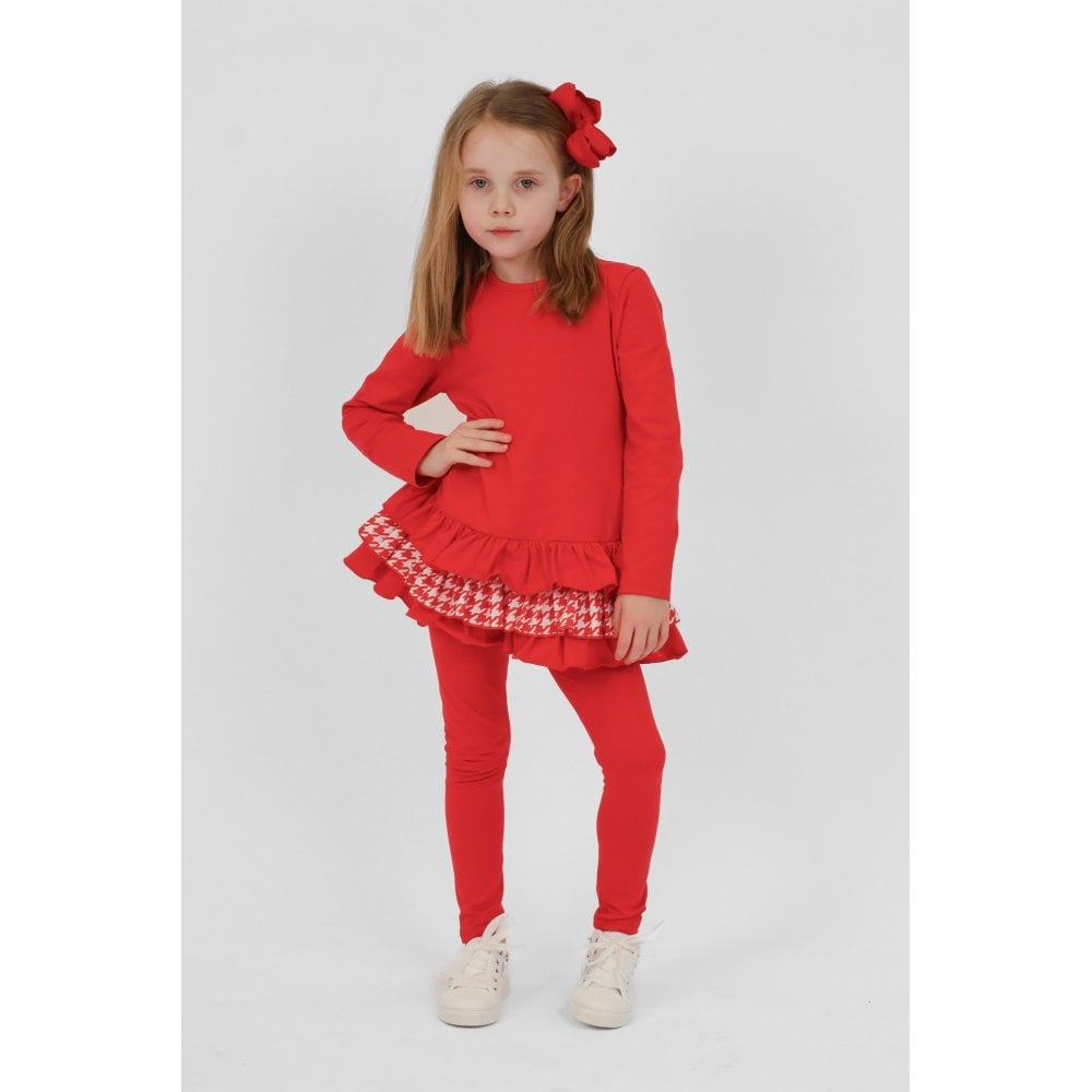 Fran Girls Frilly Dogtooth Print Tracksuit Set Red