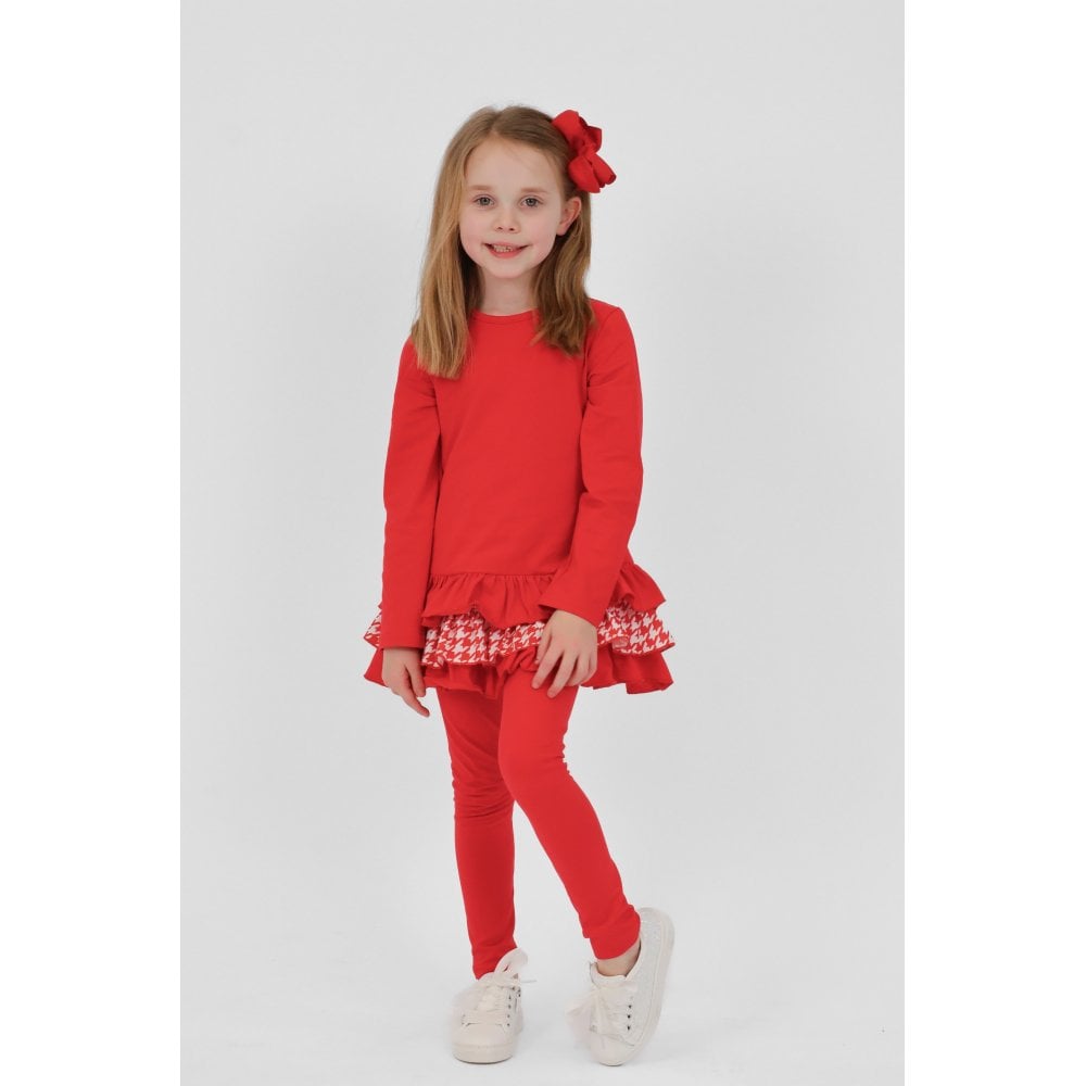 Fran Girls Frilly Dogtooth Print Tracksuit Set Red