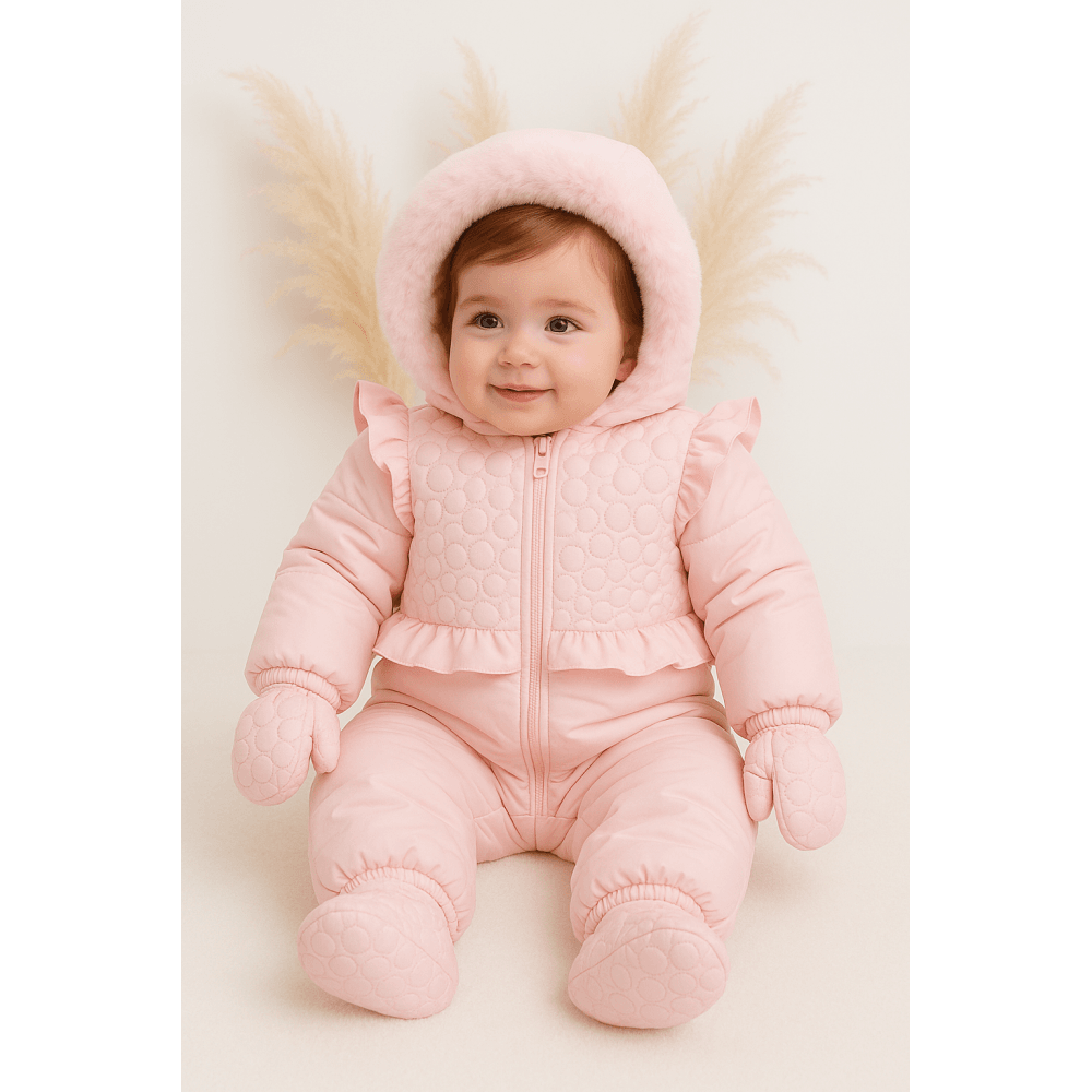 MB6517 Baby Girls Pink Padded Frilly Snowsuit