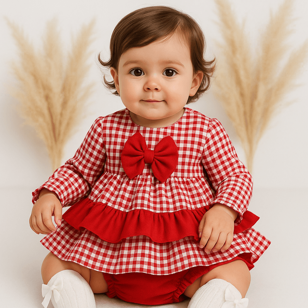 V2556 Baby Girls Ceyber Red Checked Dress & Bloomers