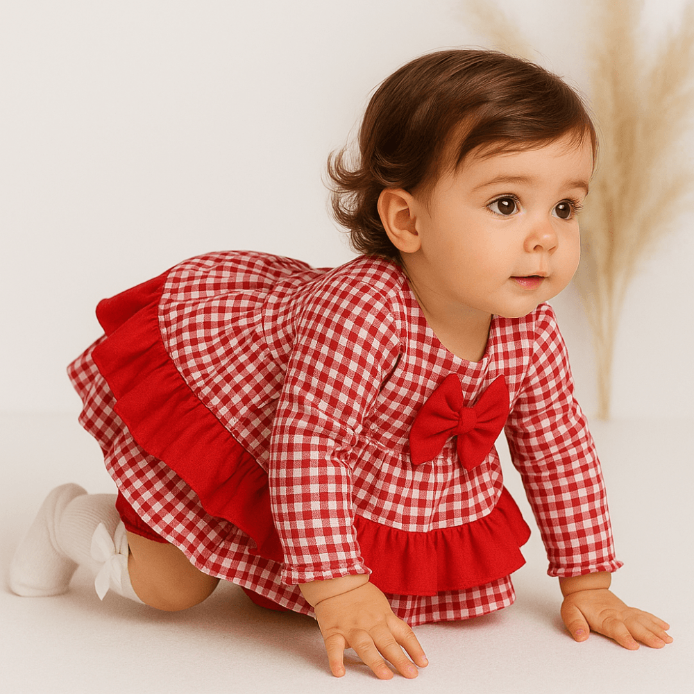 V2556 Baby Girls Ceyber Red Checked Dress & Bloomers