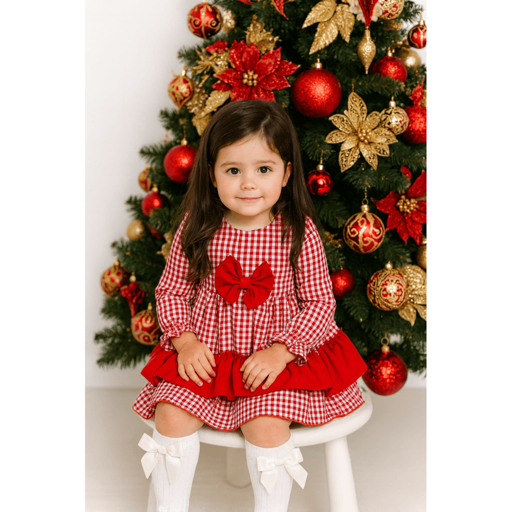 V2556 Girls Ceyber Red Frilly Checked Dress