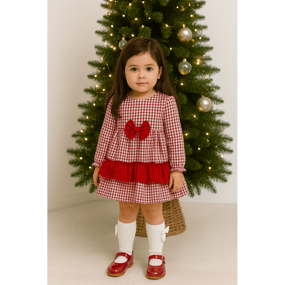 V2556 Girls Ceyber Red Frilly Checked Dress