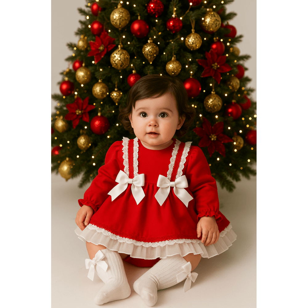 BB2535 Baby Girls Red Ceyber Frilly Bow Dress & Bloomers