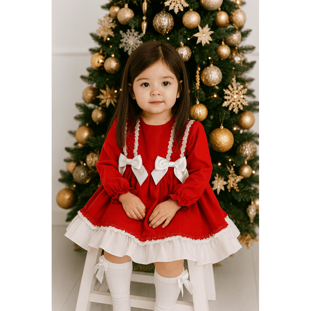 BB2535 Girls Red Ceyber Frilly Bow Dress