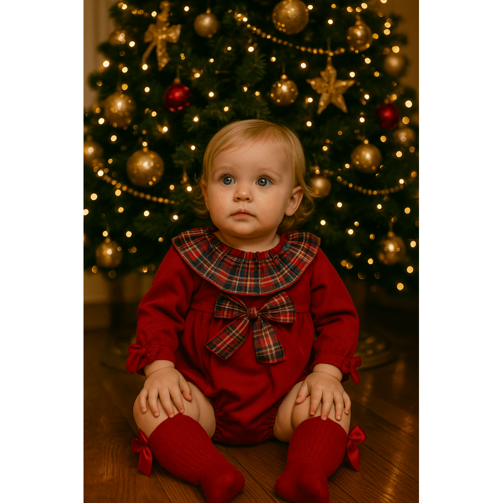 Edina Red Romper With Tartan Bow