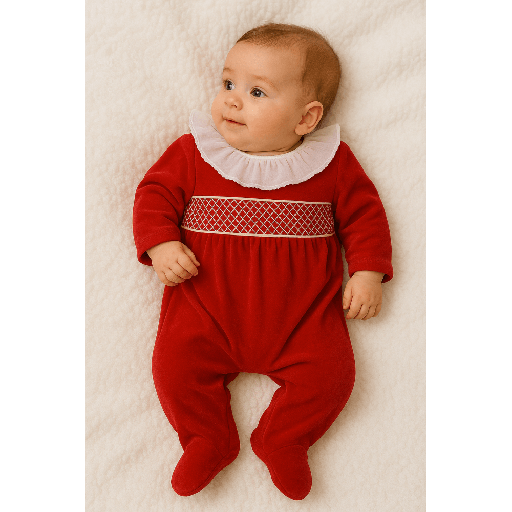 Evie Girl Red Velour Frilly Smocked Babygrow