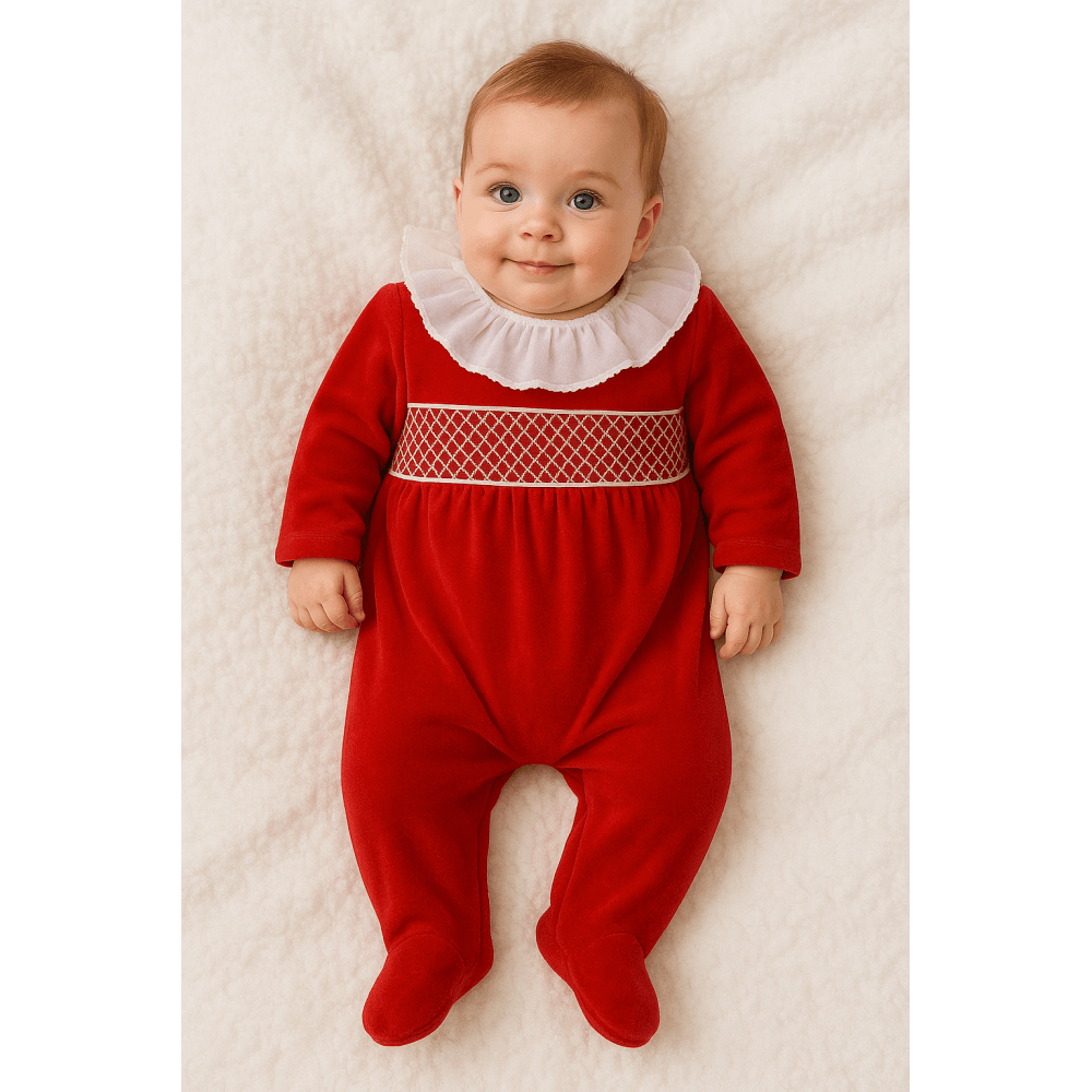 Evie Girl Red Velour Frilly Smocked Babygrow