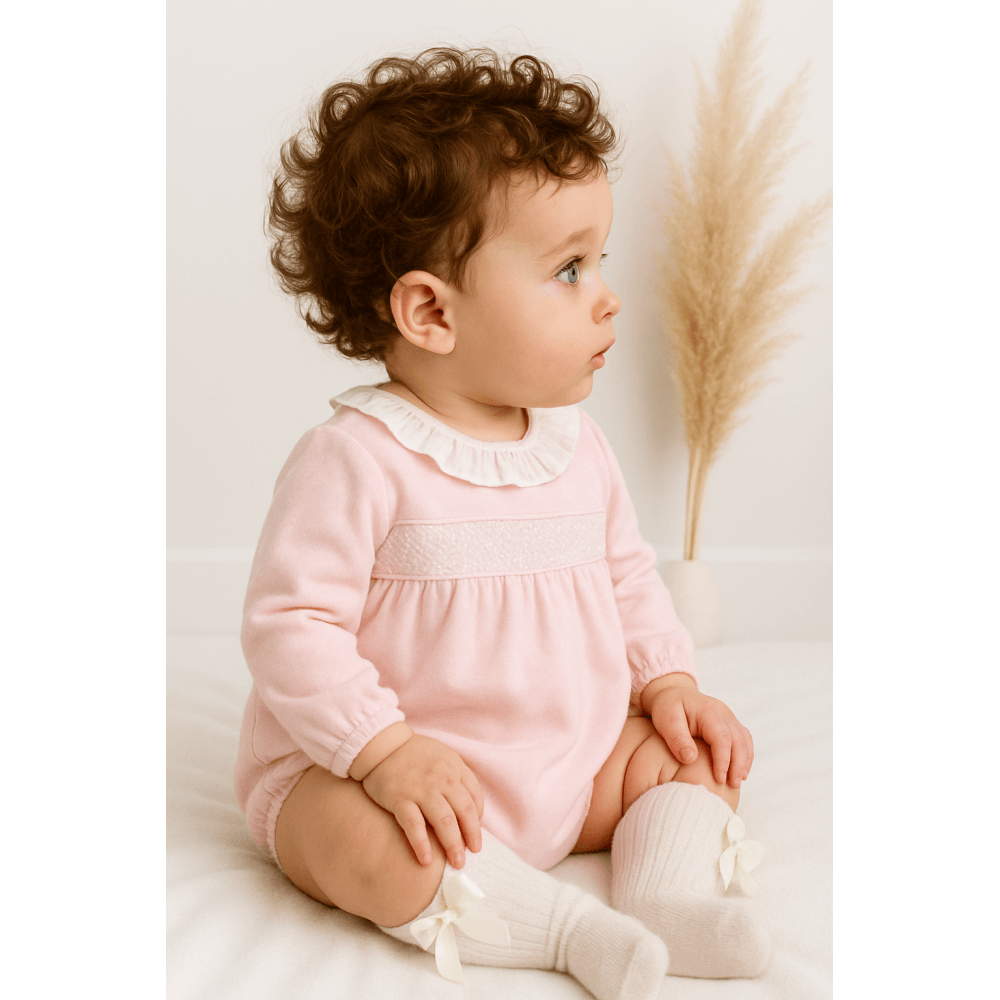 Evie Girls Smocked Velour Romper Pink