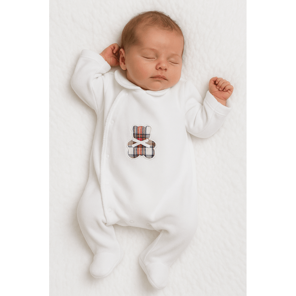 Unisex White Velour Tartan Babygrow